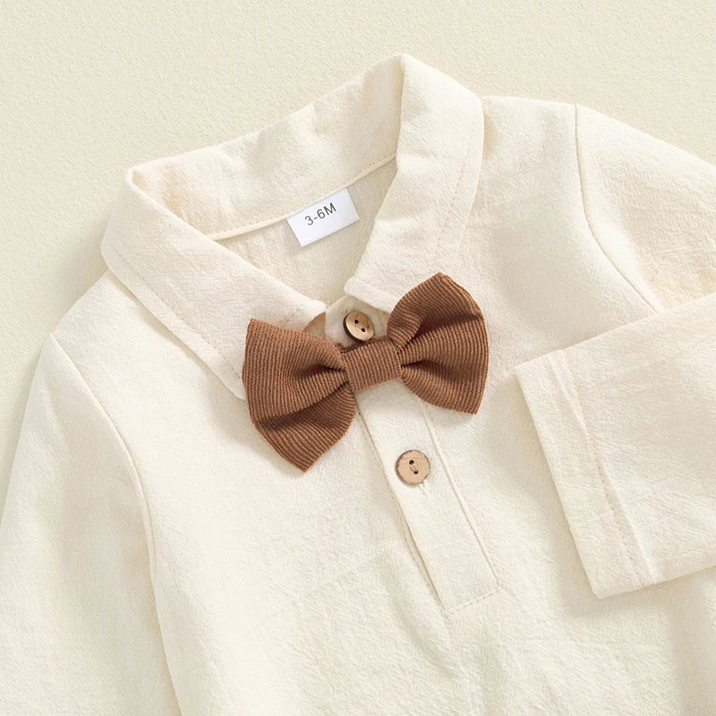 Formal baby boy outfit - collared shirt onesie with brown bow tie