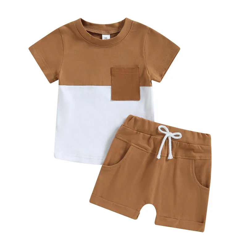 Fynn Colour Block Shorts Set featuring contrast pocket t-shirt and matching shorts for baby boys.
