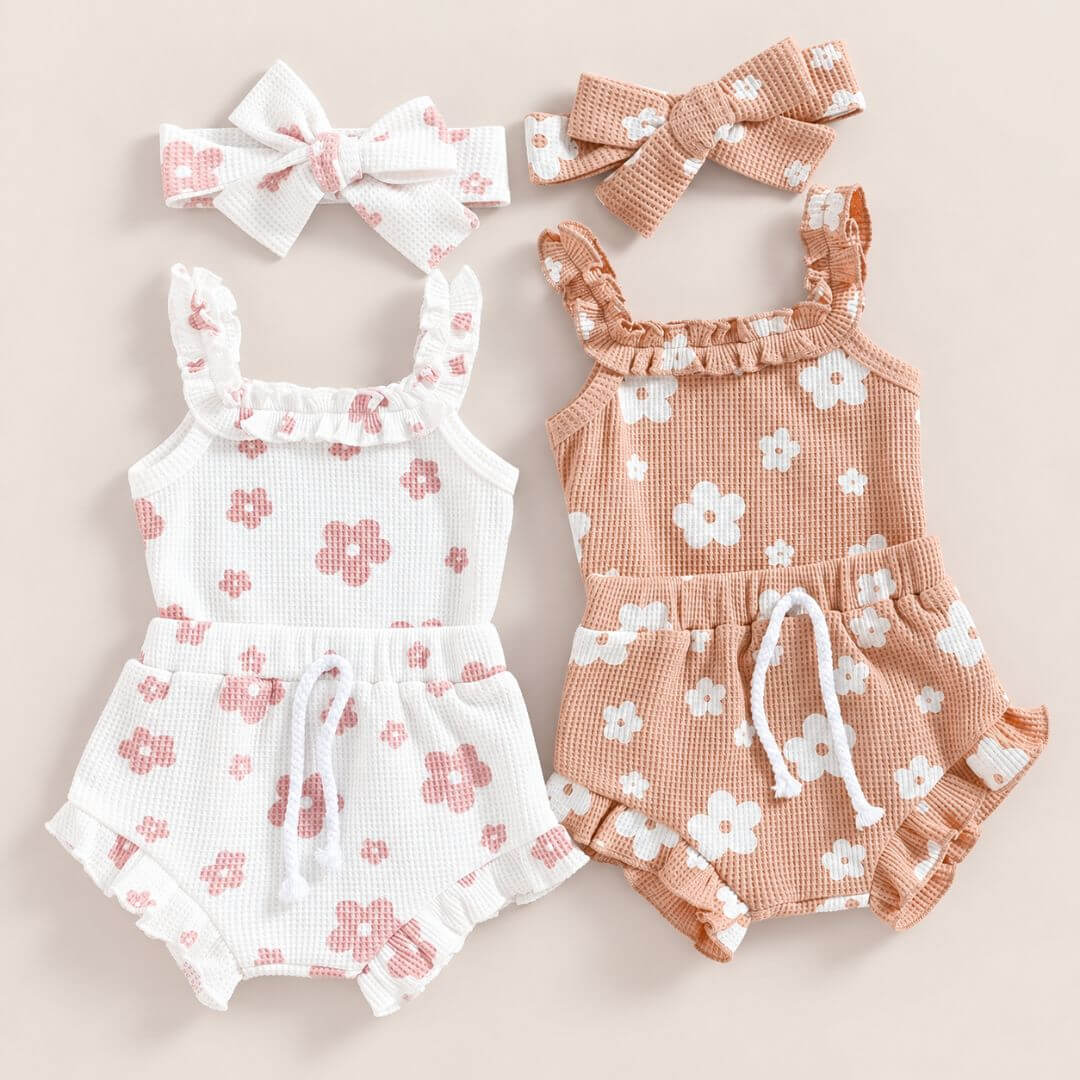 Genevieve waffle floral baby girl romper outfit sets from Lulu Babe, in white and beige