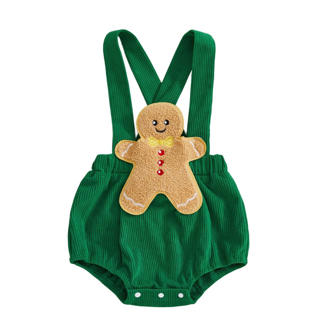 Christmas baby outfit - Gingerbread man baby romper for girls or boys in soft, green corduroy.