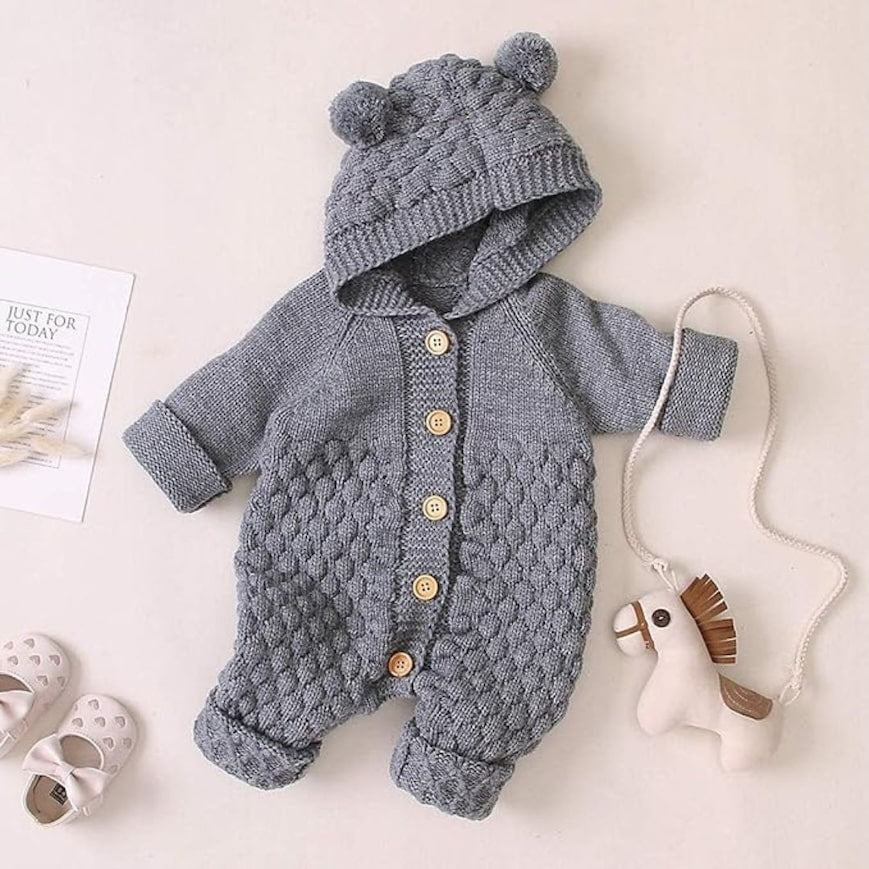 Grey knit baby bear onesie with hood and bear ears