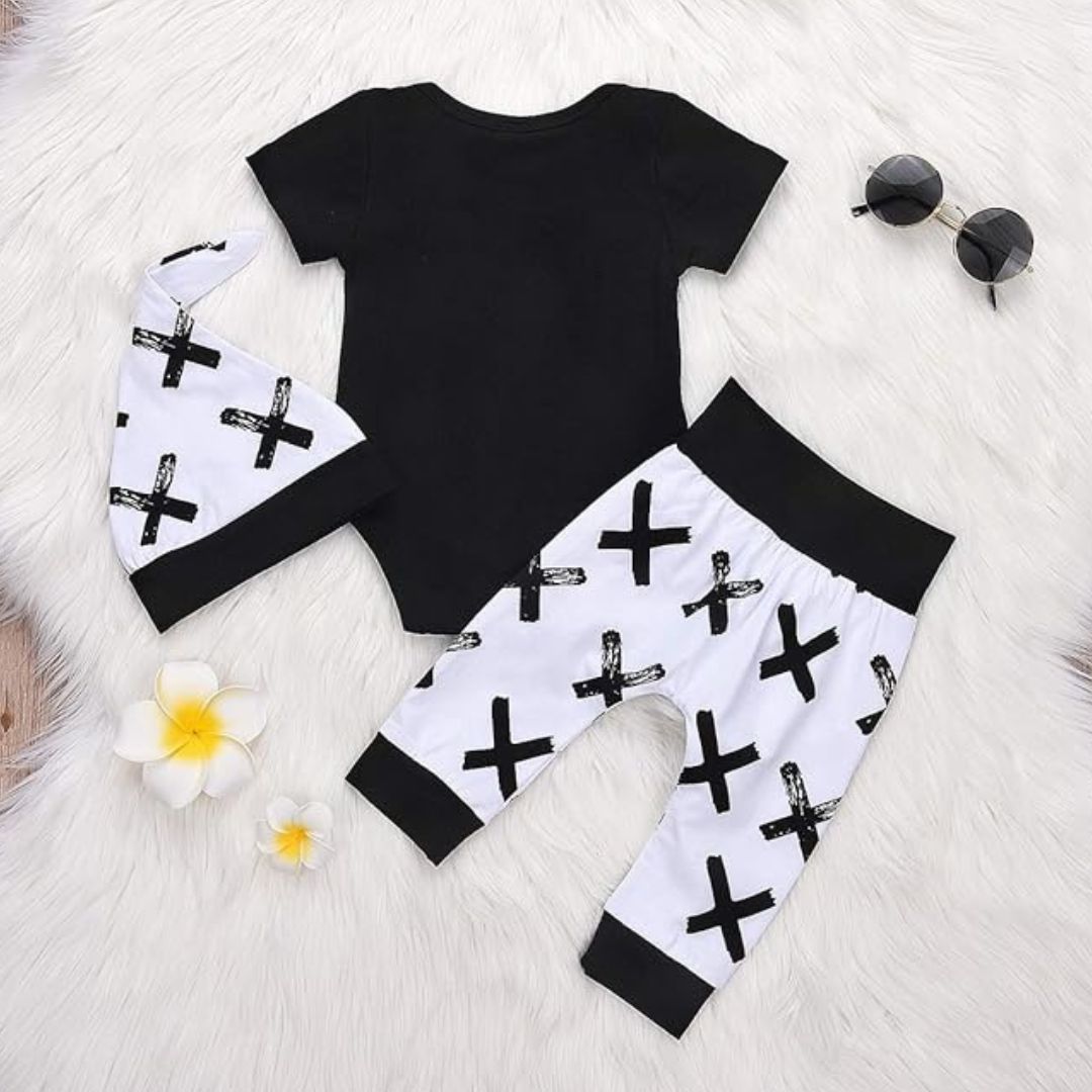 'Handsome just like Dad' baby outfit, with black bodysuit, pants & matching knot beanie - back