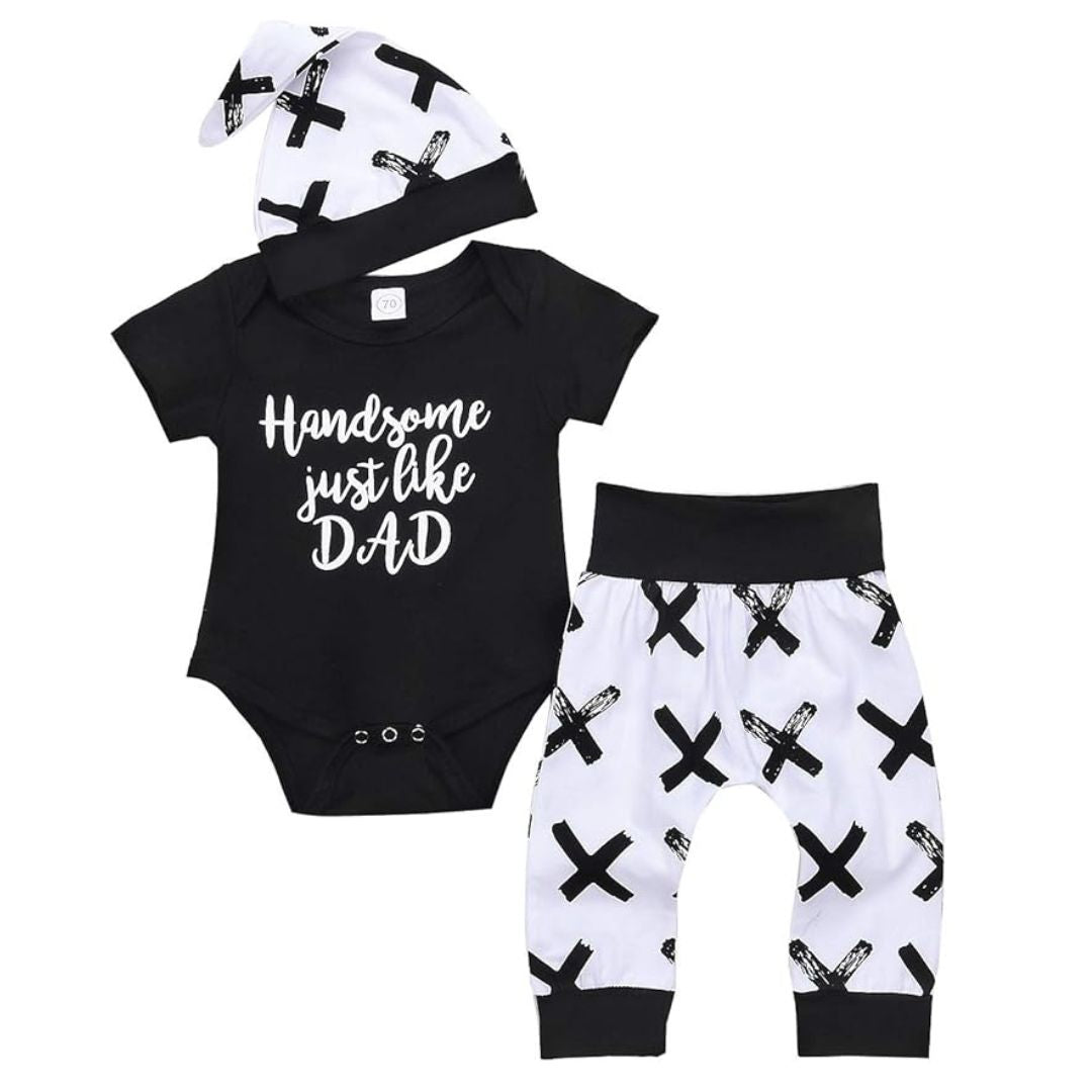 'Handsome just like Dad' baby outfit, with black bodysuit, pants & matching knot beanie