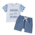 "Handsome Just Like My Daddy" baby boy outfit, including slogan tee with checkered sleeves and coordinating blue shorts. 