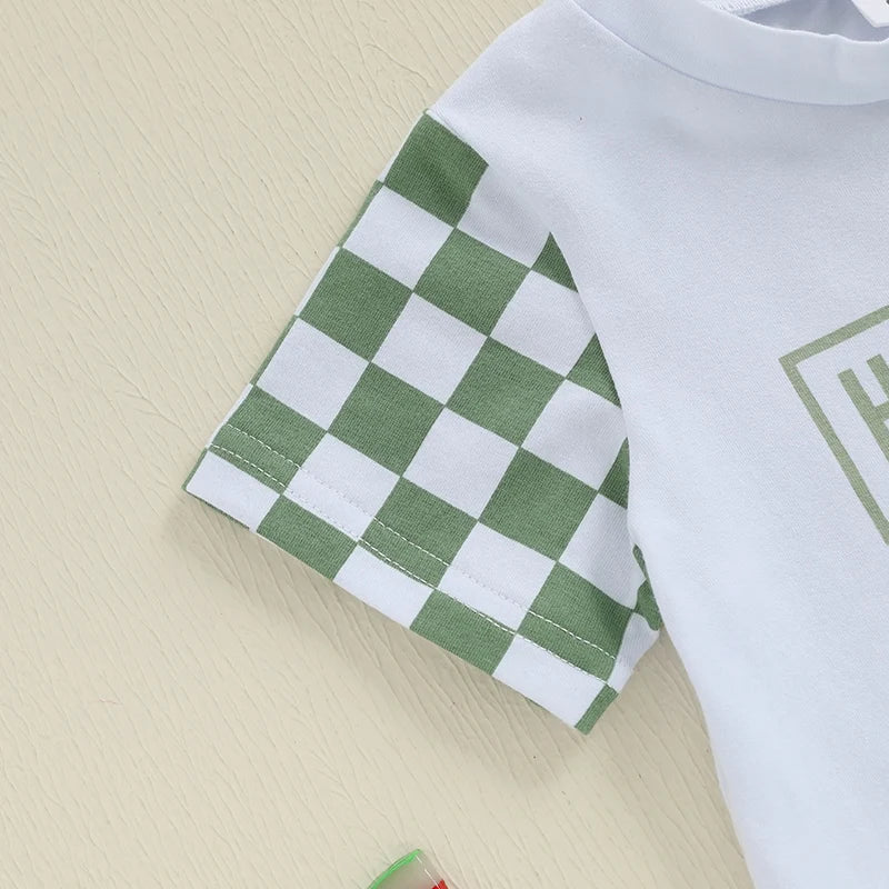 "Handsome Just Like My Daddy" baby boy outfit - closeup of checkered sleeve