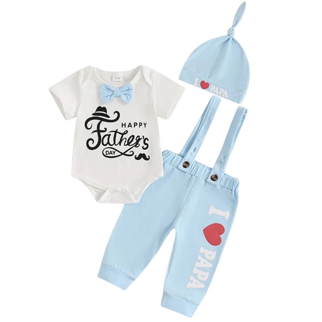 Baby boy bodysuit with "Happy Father's Day" print and bow tie, blue suspender pants and knot hat both printed "I ❤ Papa"