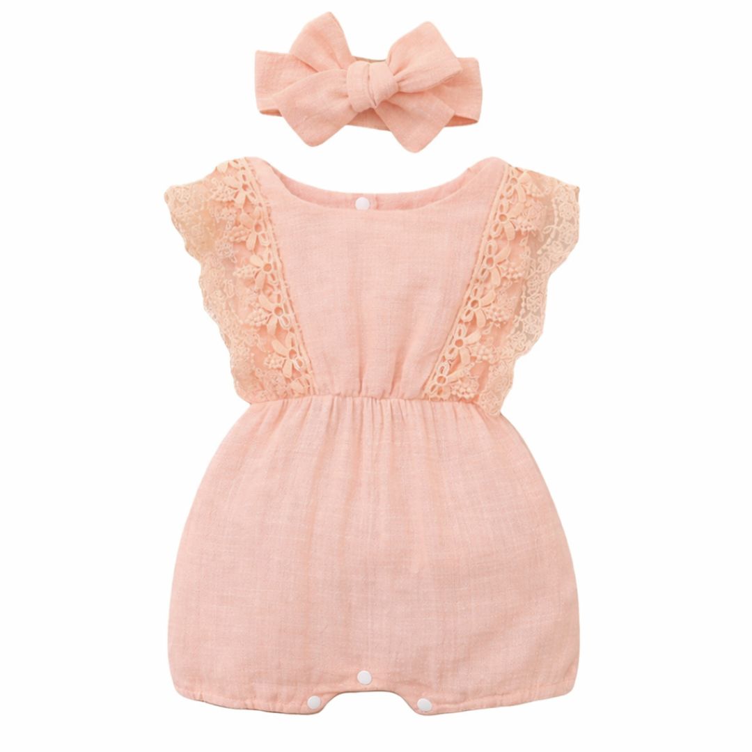 Vintage lace baby girl romper in pink with matching headband