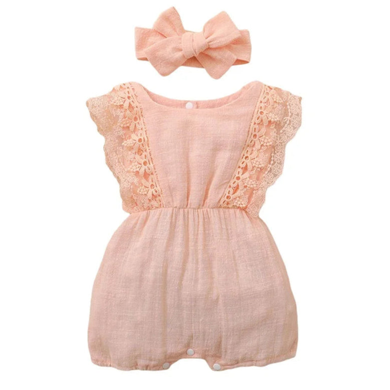 Harper lace baby girl romper in pink with matching headband