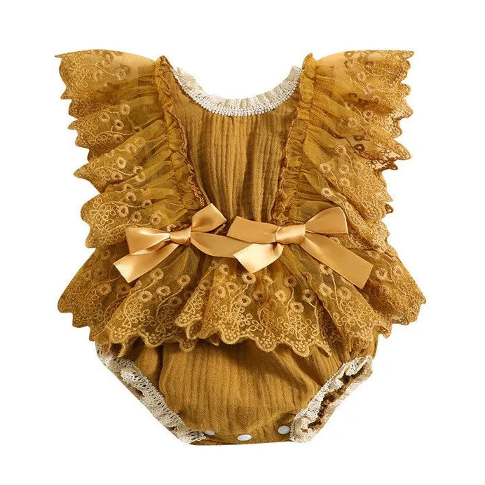 Lace baby girl romper in caramel with ruffles and bows