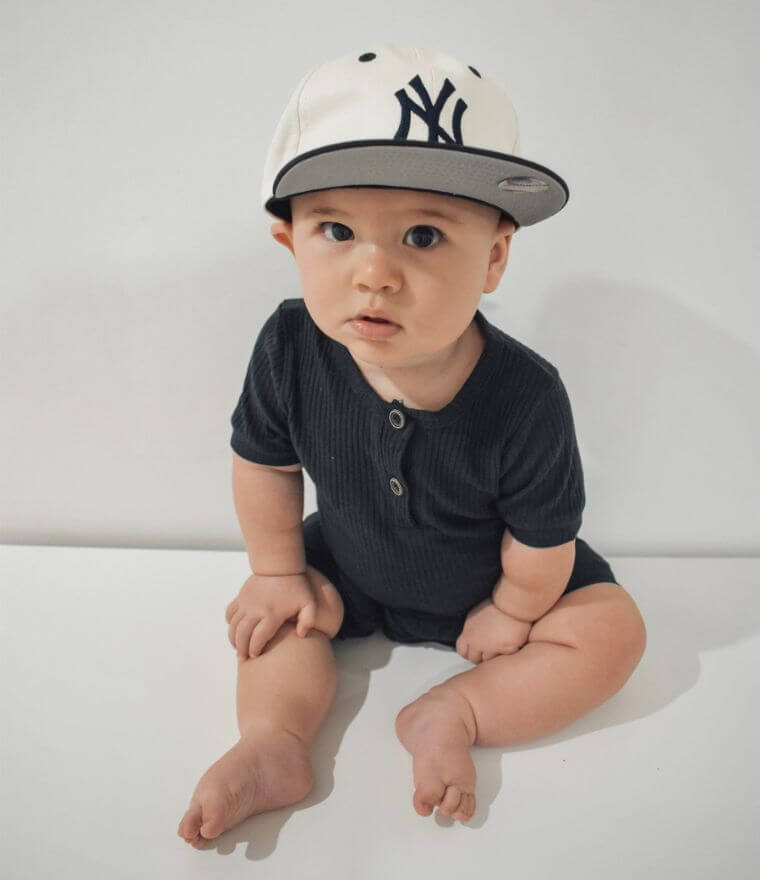 Hayden Button Baby Romper Navy Blue | Ribbed Basics Onesie - Lulu Babe