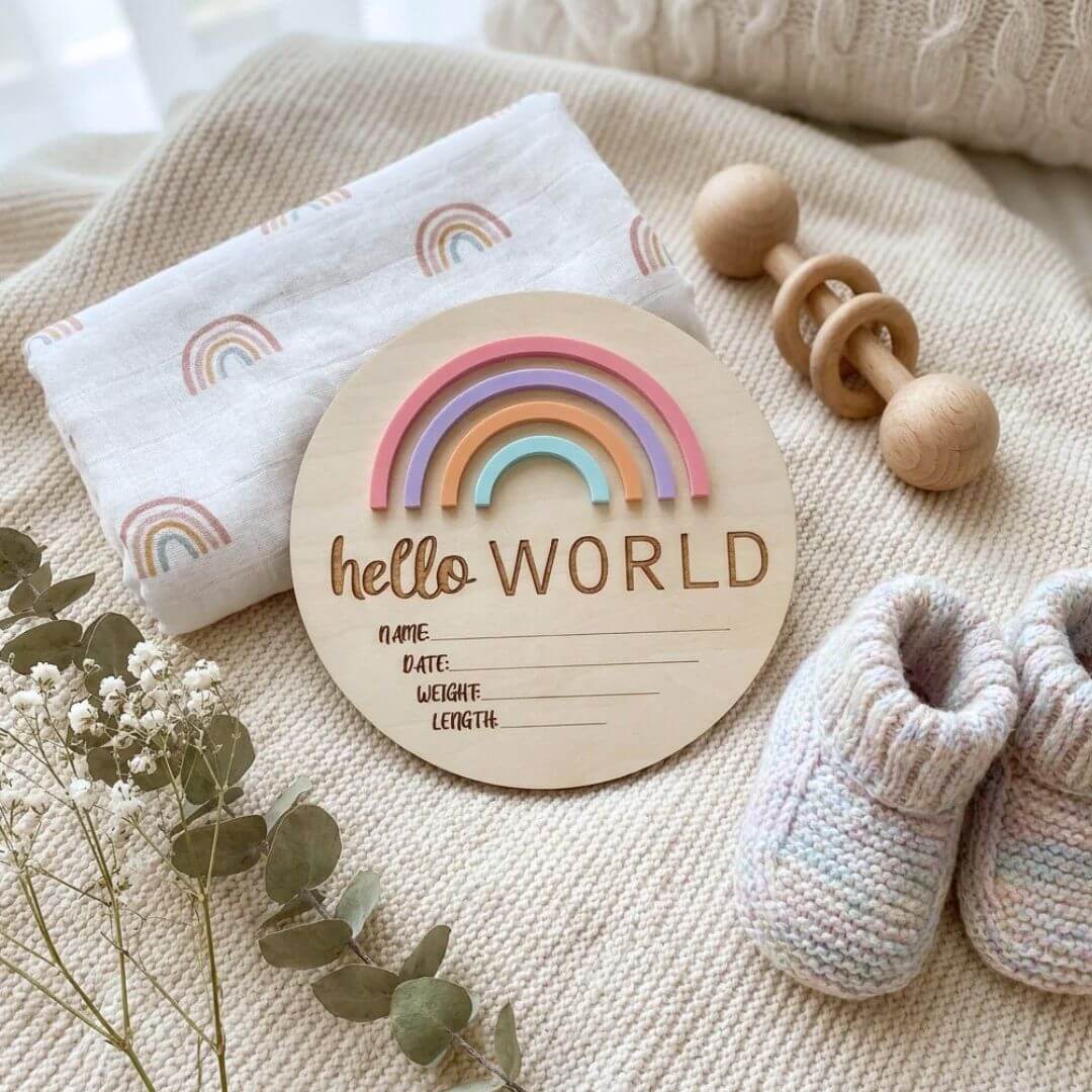 Hello World Rainbow Birth Plaque