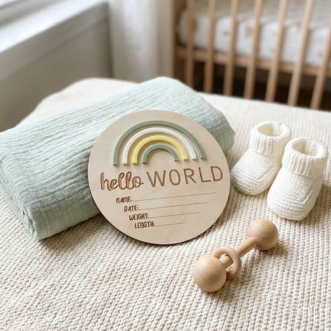 Hello World Rainbow Birth Plaque