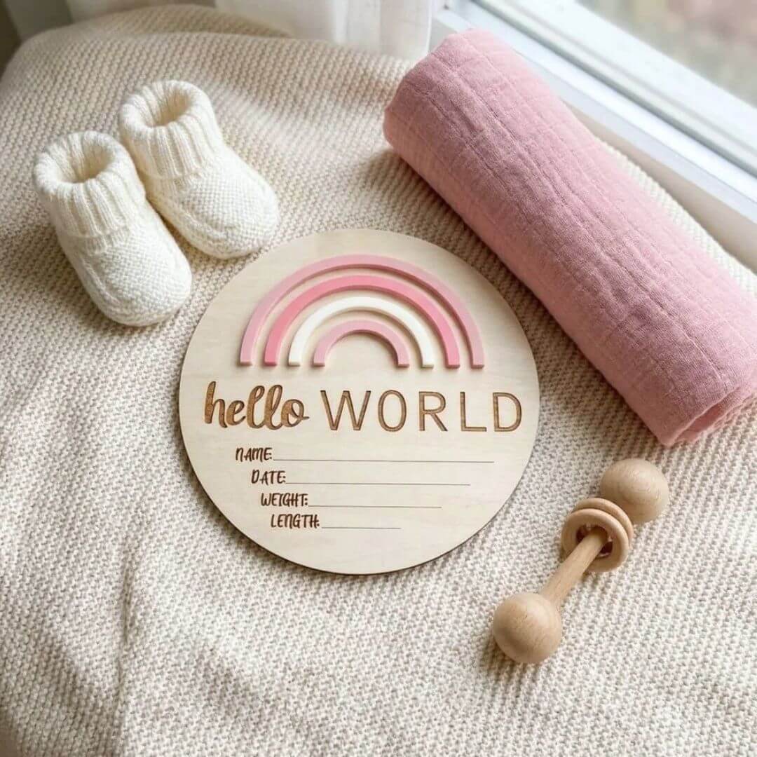 Hello World Rainbow Birth Plaque