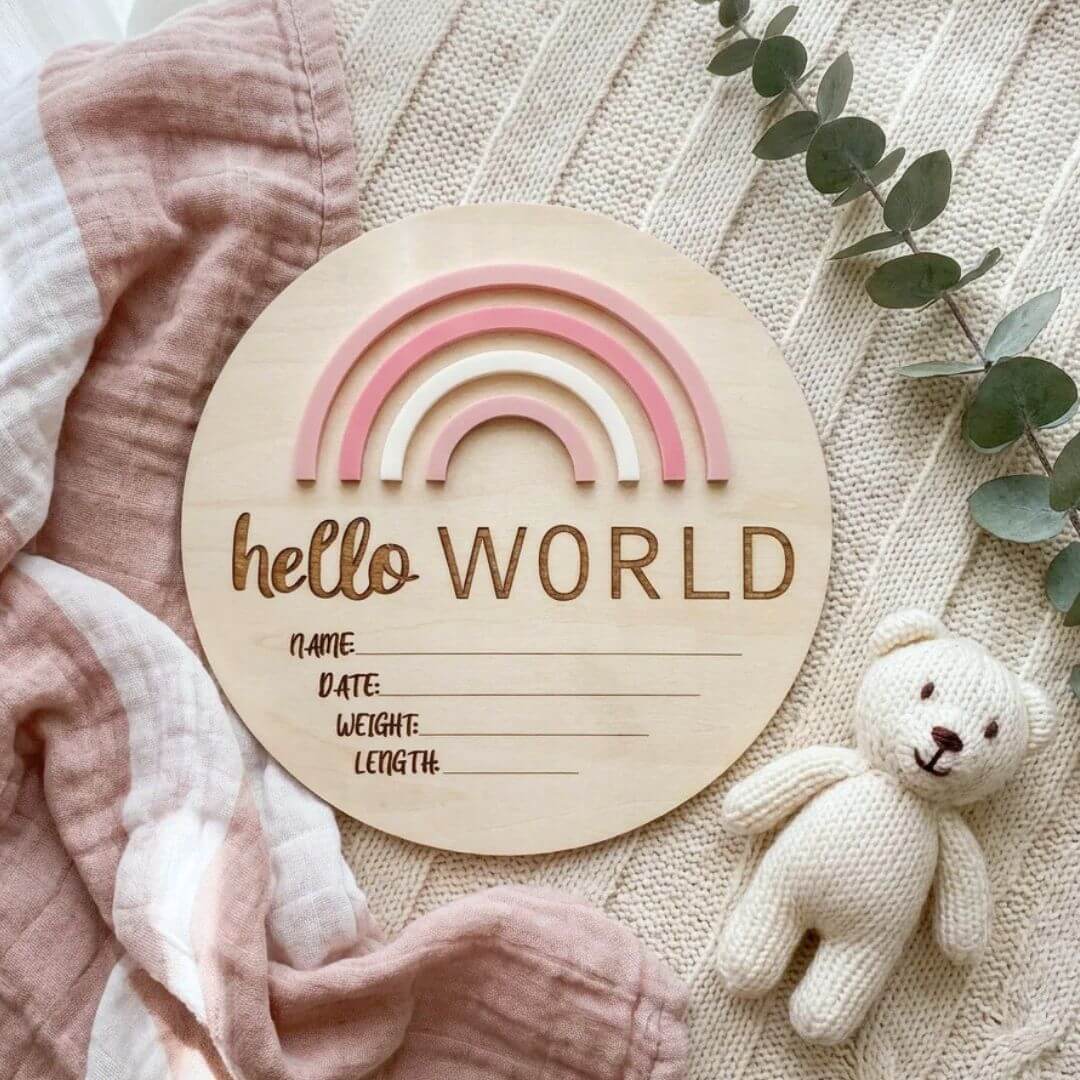 Hello World Rainbow Birth Plaque
