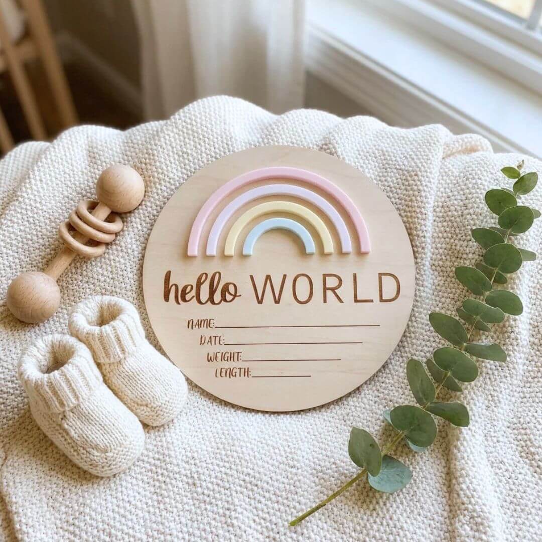 Hello World Rainbow Birth Plaque