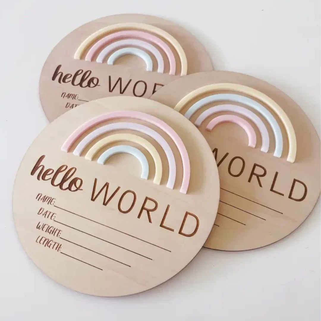 Hello World Rainbow Birth Plaque