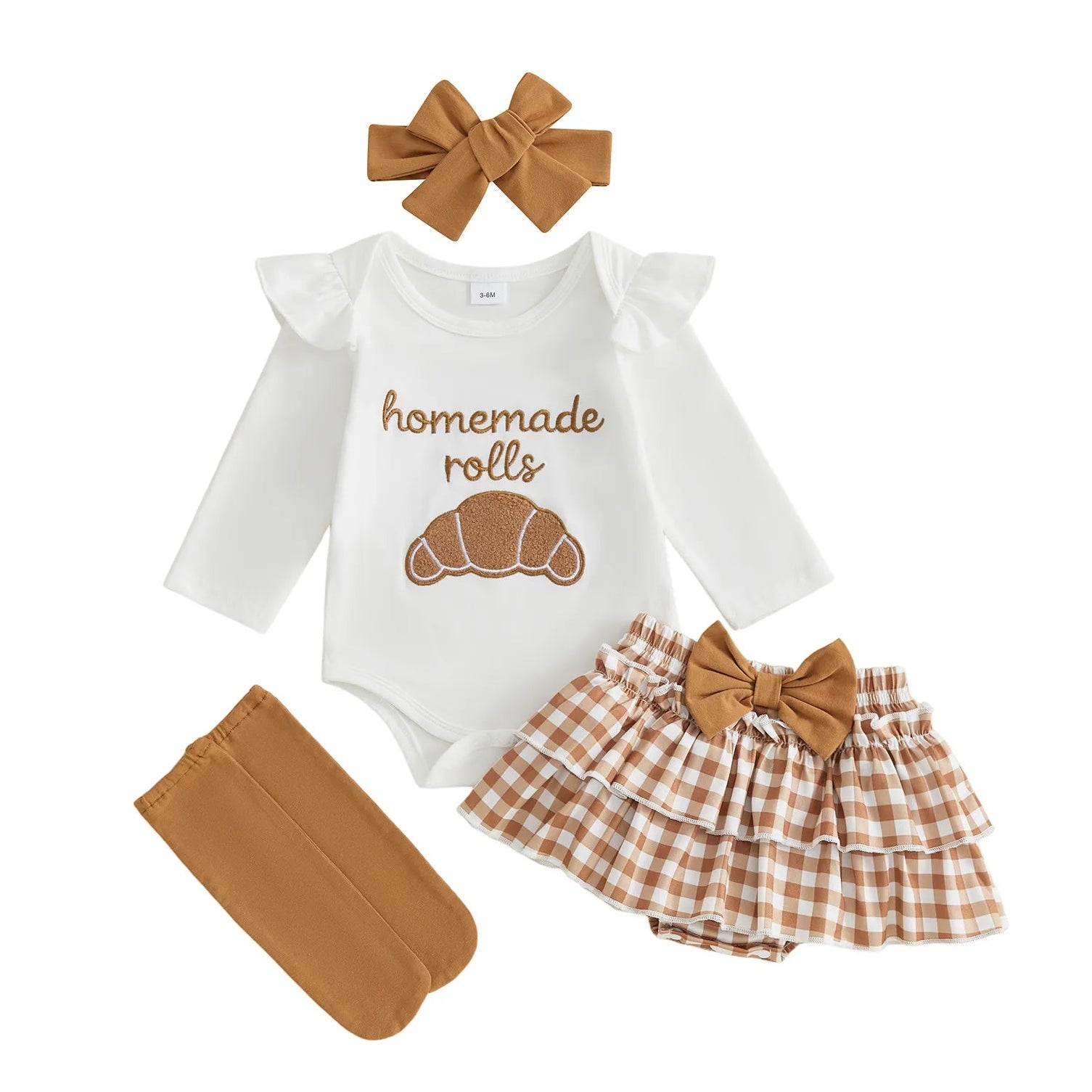 4-piece baby girl outfit set featuring white long-sleeve bodysuit with 'homemade rolls' and a croissant graphic, a gingham tiered ruffle skirt with oversized bow, and a matching caramel bow headband and socks

Details
WEBP

• 1600 × 1600

• 100.82 kB