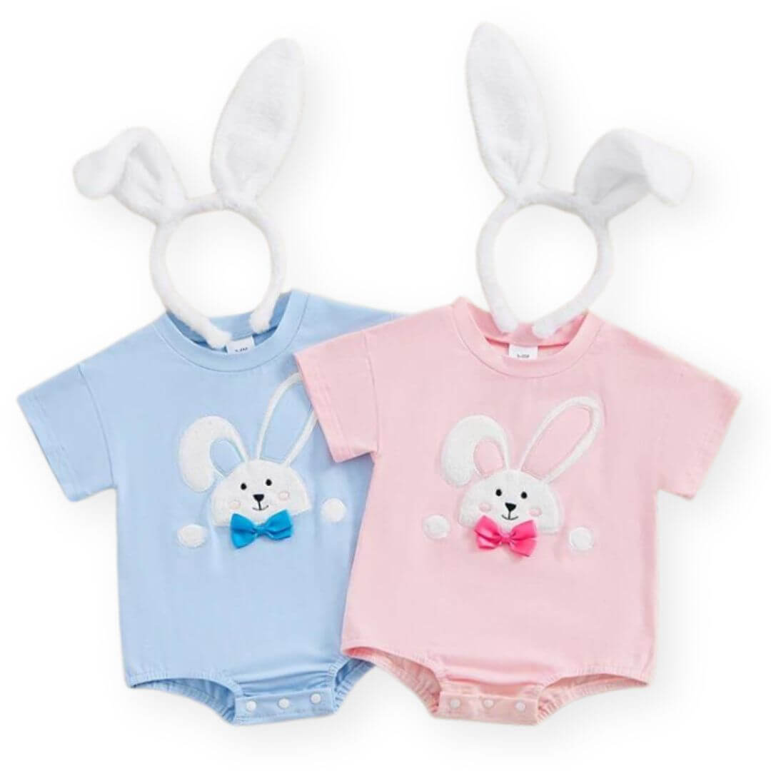 Hoppy Little Bunny Romper & Headband Set (Pink or Blue) - Lulu Babe