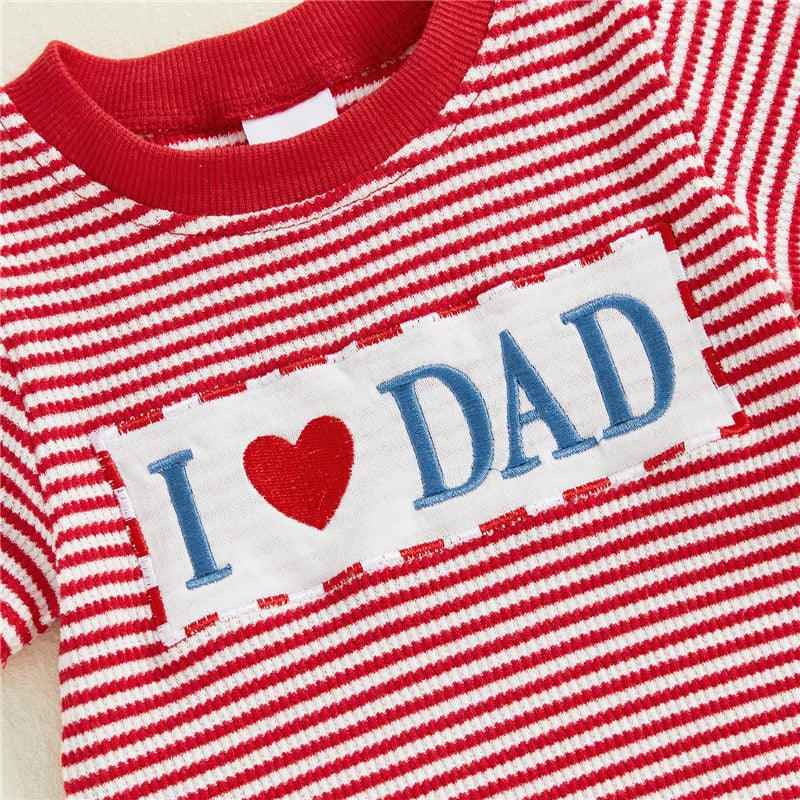 Closeup of I Love Dad red stripe romper with embroidery