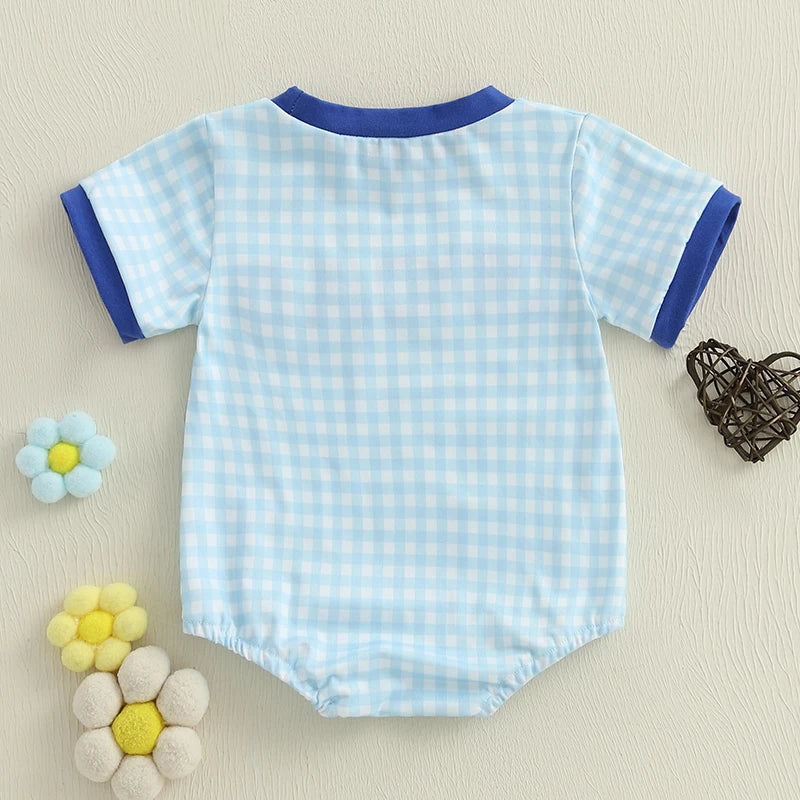 Back view of a blue gingham romper with dark blue trim