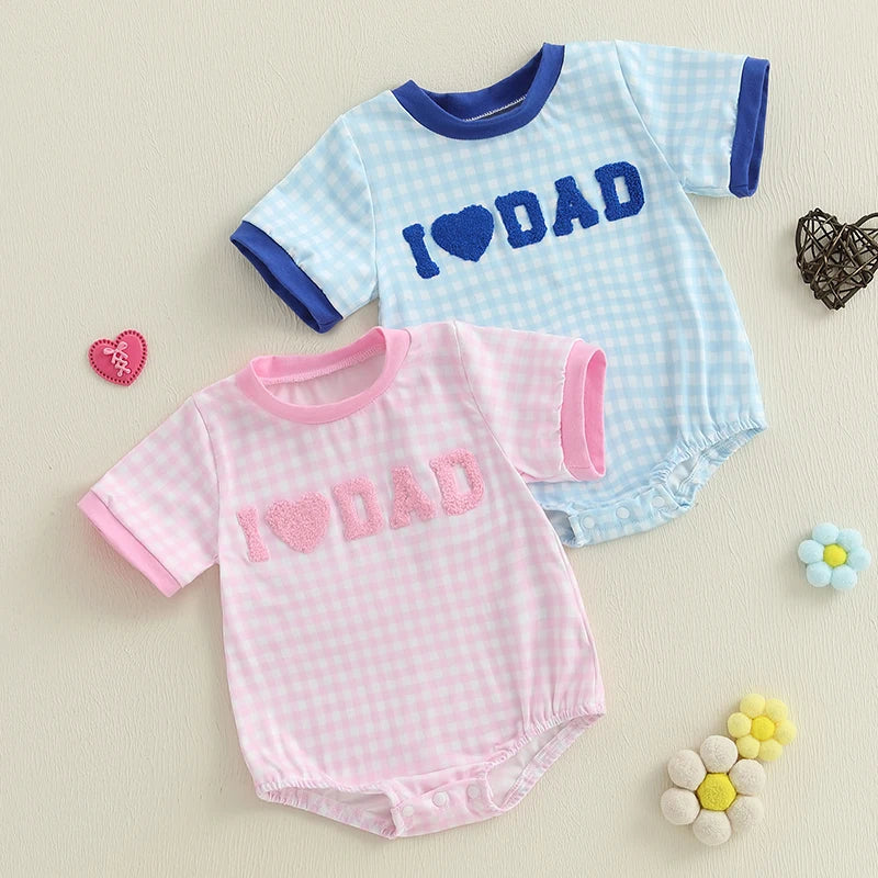 I love Dad Gingham Baby Rompers in pink and blue