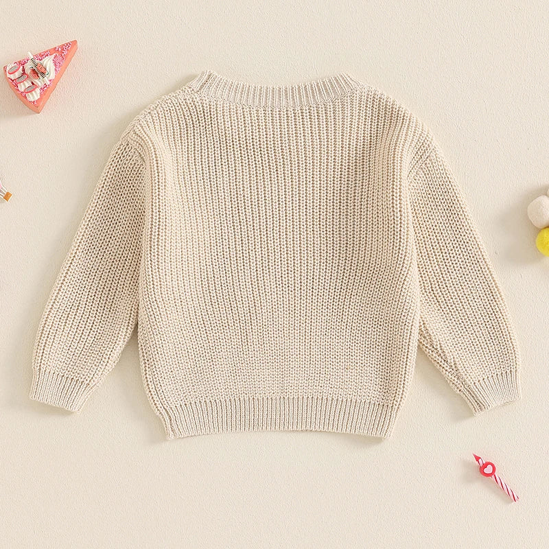 Back view of beige knit birthday sweater