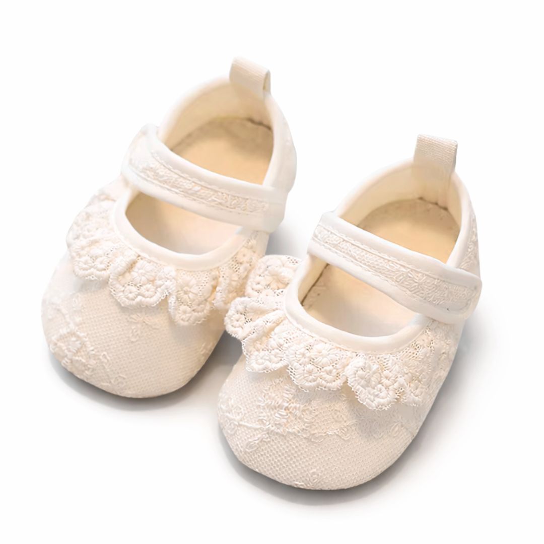 Ivory lace baby shoes with floral embroidered trim and velcro strap