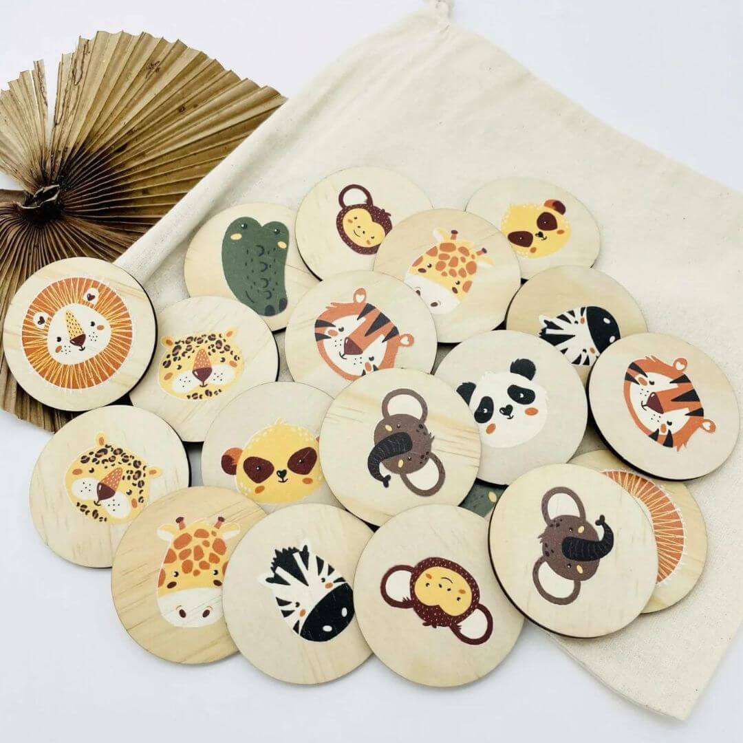 Jungle Memory Game – 20 Wooden Discs with Jungle Animals - Timber Tinkers