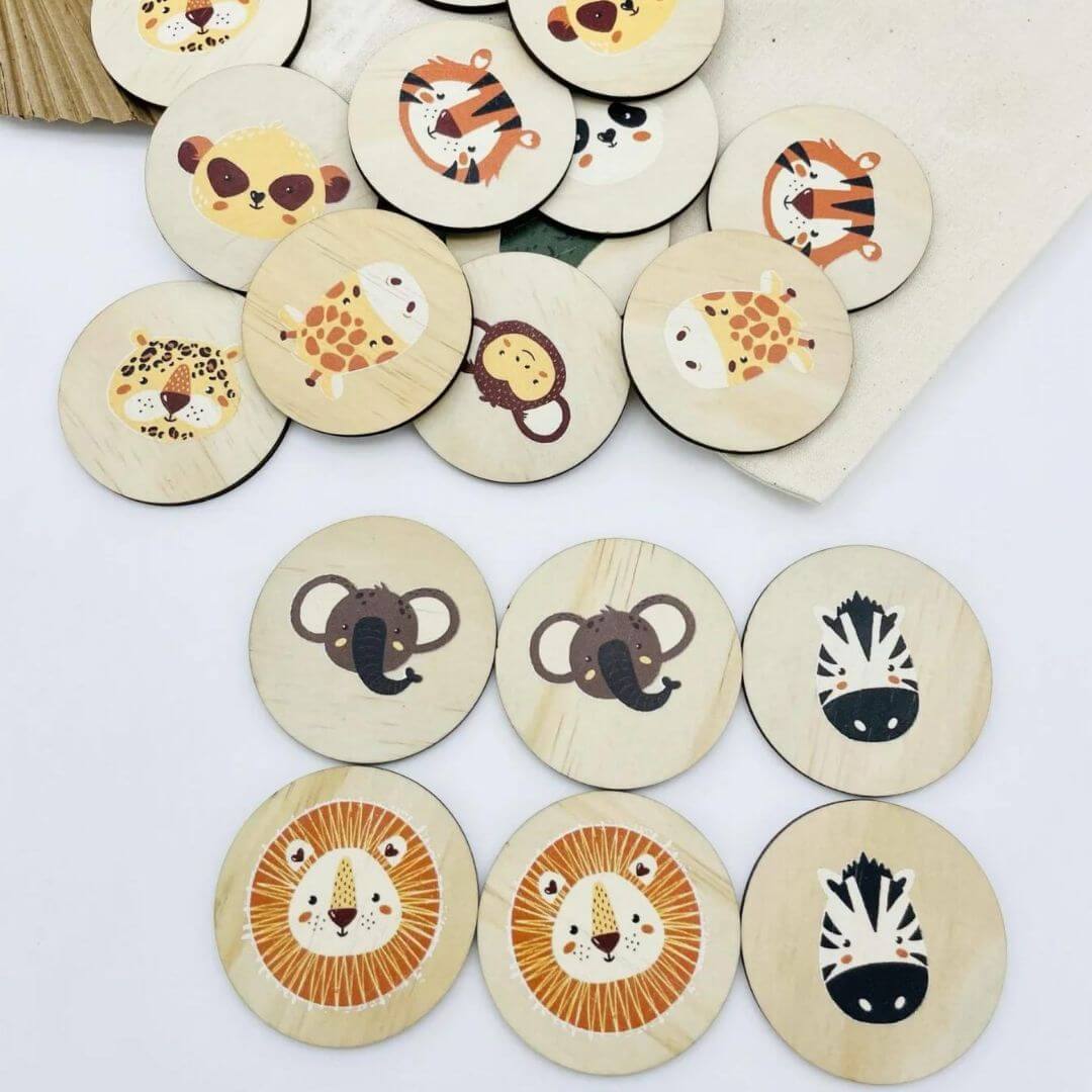 Jungle Memory Game – 20 Wooden Discs with Jungle Animals - Timber Tinkers