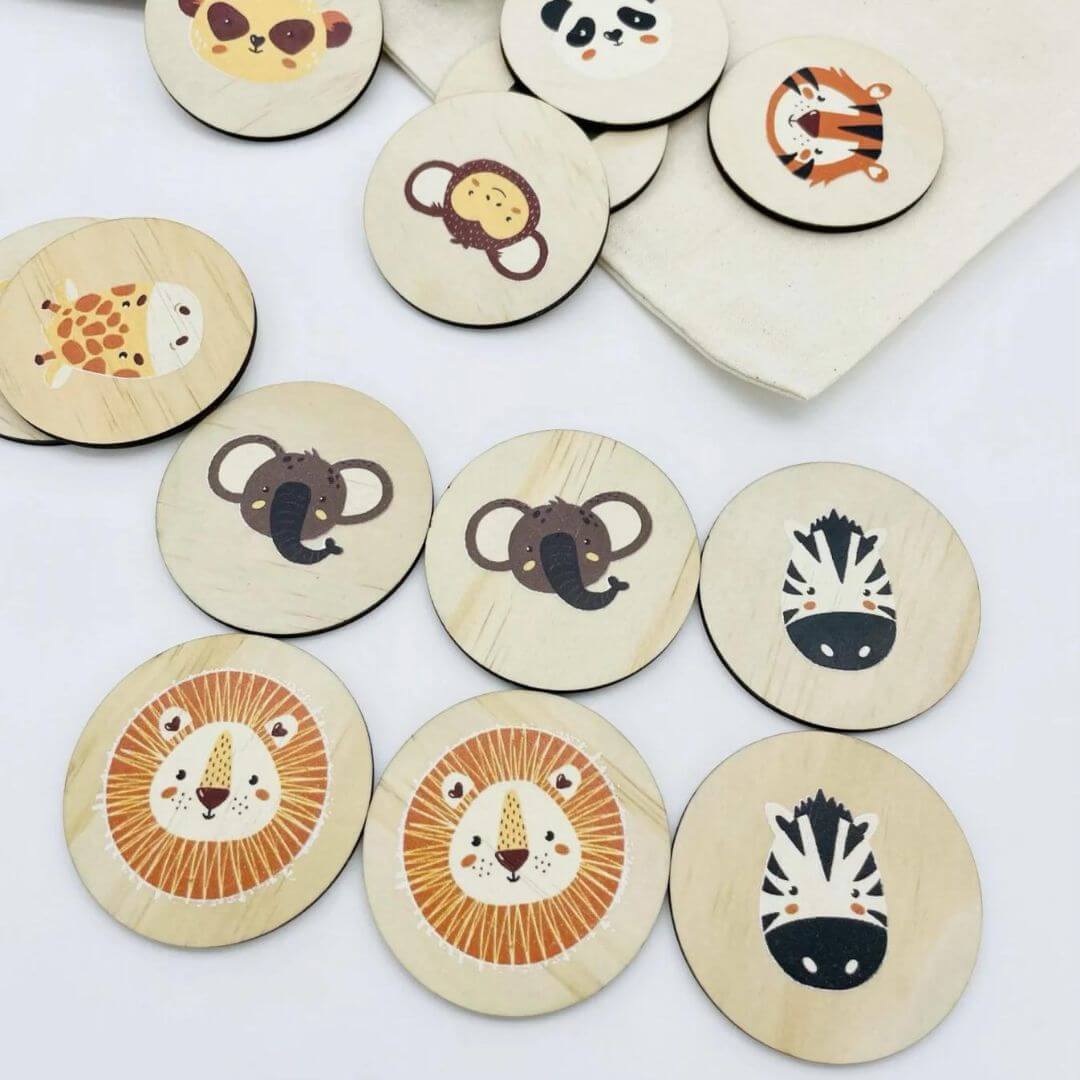 Jungle Memory Game – 20 Wooden Discs with Jungle Animals - Timber Tinkers