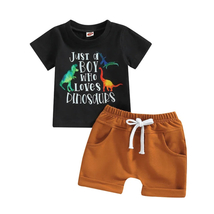 Just a Boy Who Loves Dinosaurs set with black t-shirt and tan shorts for boys aged 0-3 years.