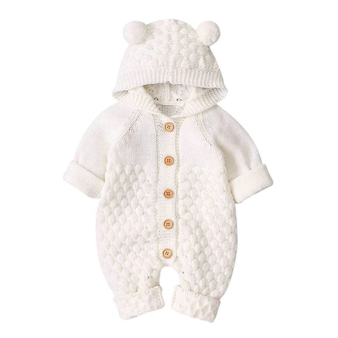 Knit Baby Bear Onesie White | Adorable & Snuggly Hooded Romper - Lulu Babe