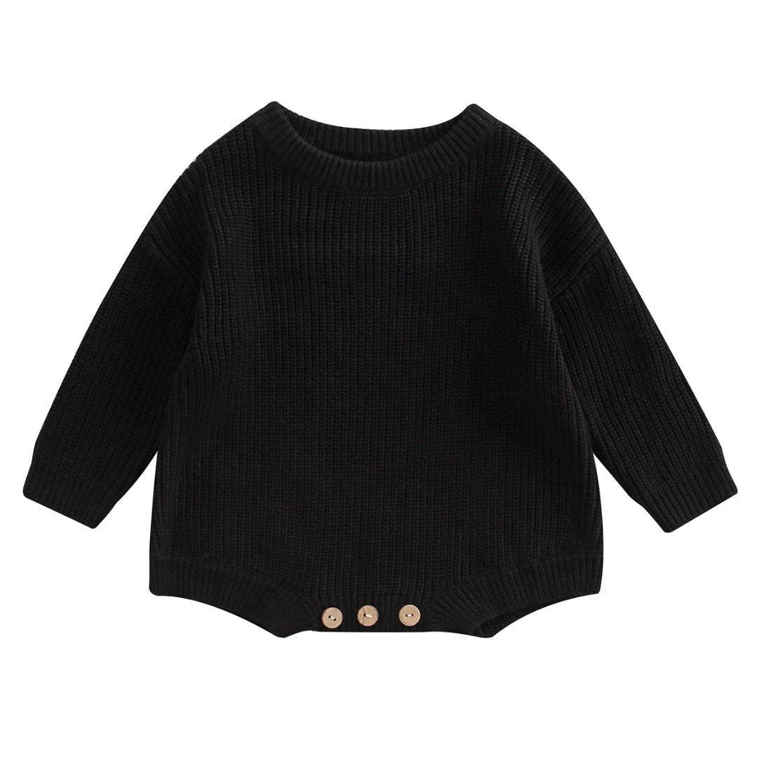 Black knit baby romper, long-sleeve design with wooden buttons, perfect for winter warmth and style.