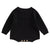 Black knit baby romper, long-sleeve design with wooden buttons, perfect for winter warmth and style.