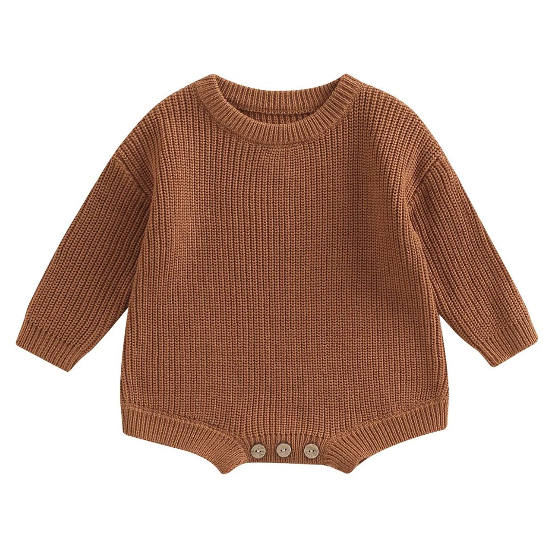Brown knit baby romper - winter baby onesie with long sleeves and button detail.