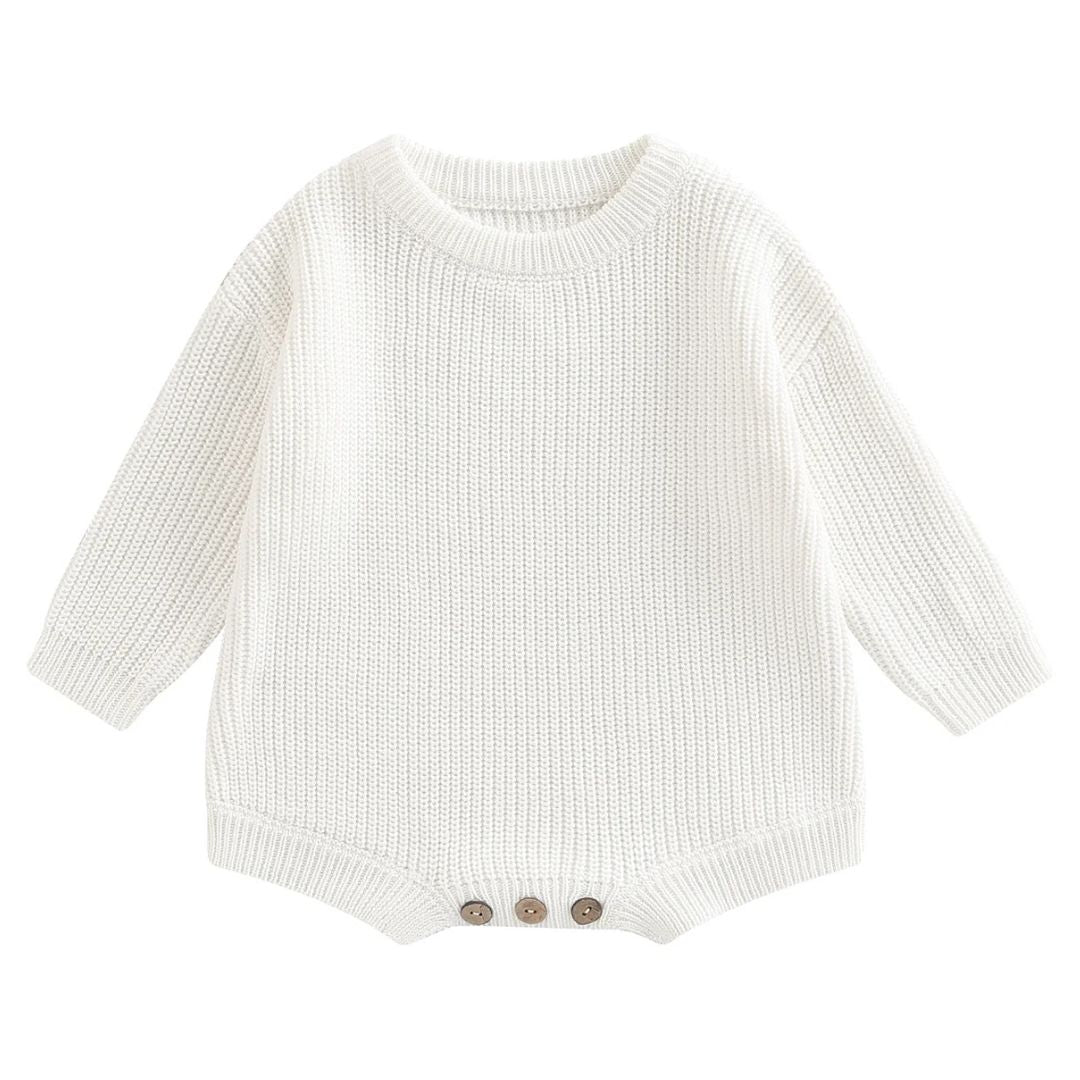 Chunky knit baby romper in white with long sleeves, perfect winter romper for comfort and style.