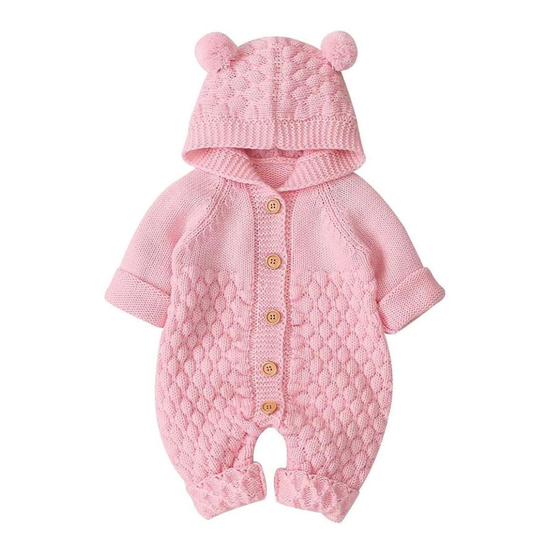 Knit Baby Bear Onesie  in Pink, with adorable hooded and chunky knitted fabric
