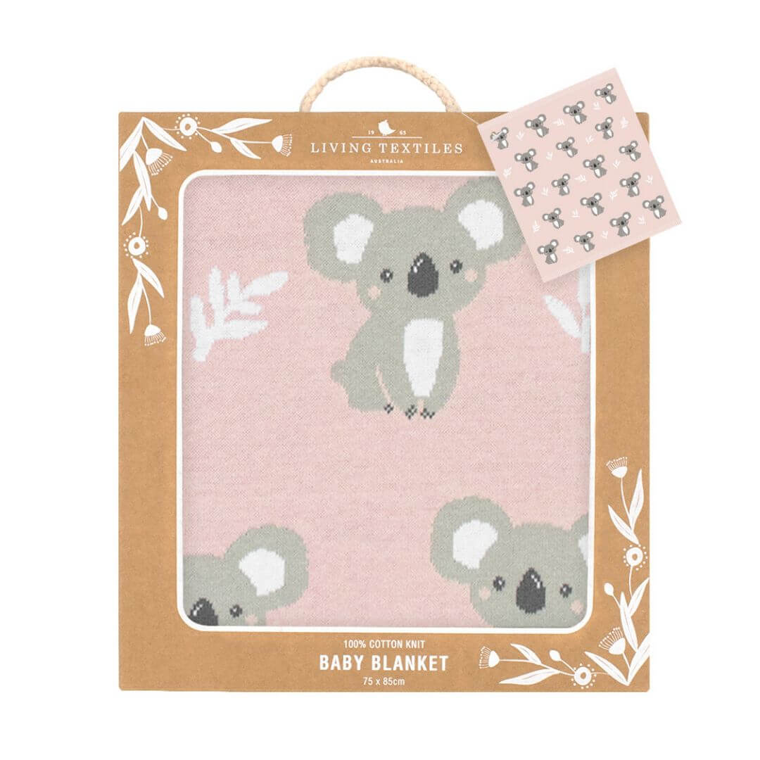 Koala baby blanket in 100% cotton knit, featuring a cute koala design on a dusty pink background, perfect for cuddles.