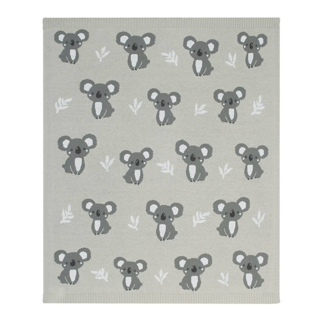 Soft koala baby blanket in 100% cotton knit, featuring adorable koala pattern on light grey background.