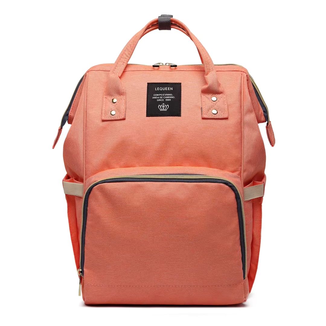 LeQueen Nappy Bag in coral colour - front view.
