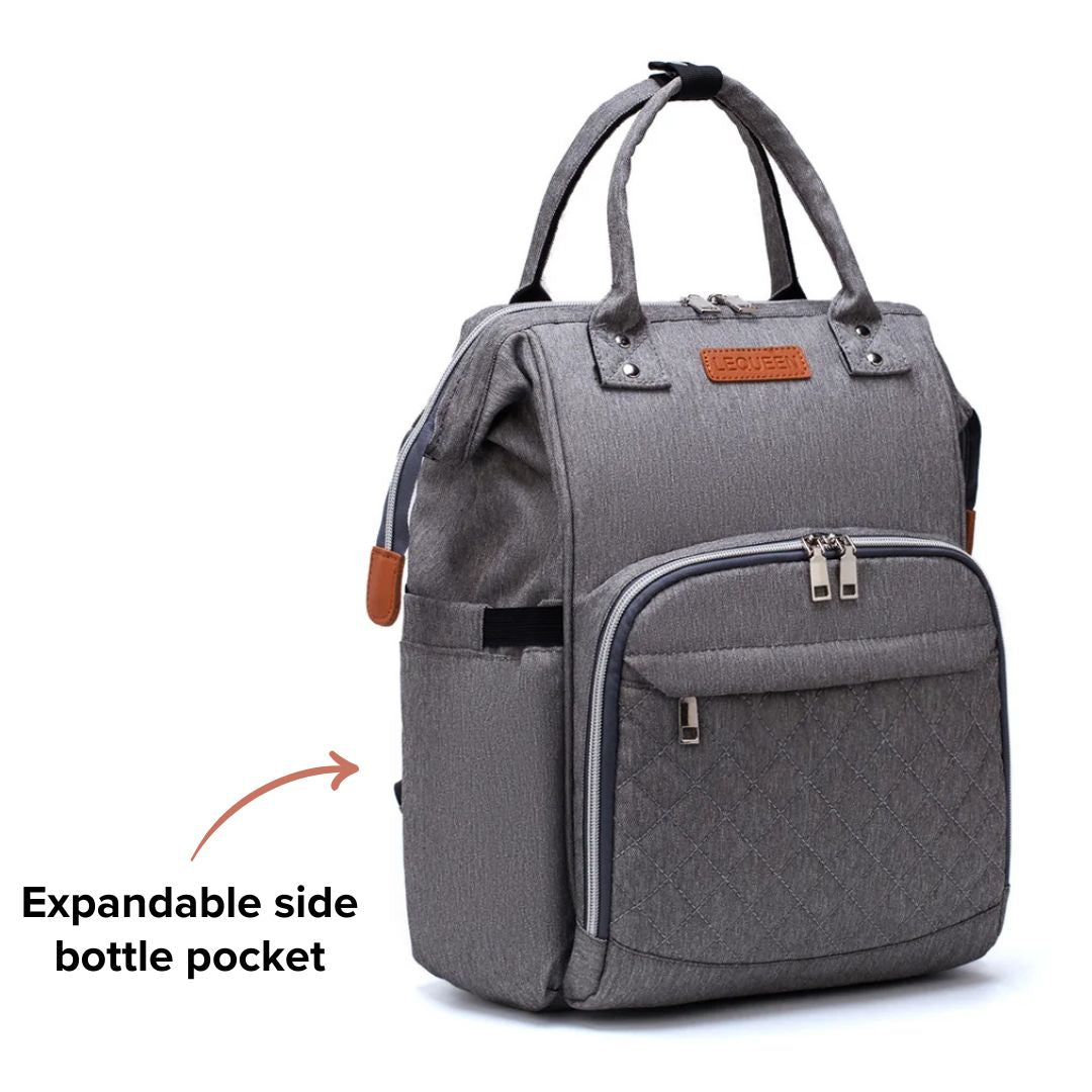 LeQueen Quilted Nappy Backpack with expandable side bottle pocket