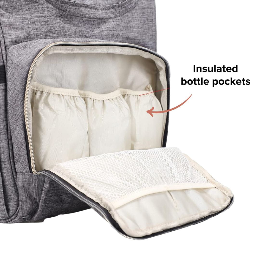 Closeup of LeQueen Quilted Nappy Backpack showing insulated bottle pockets