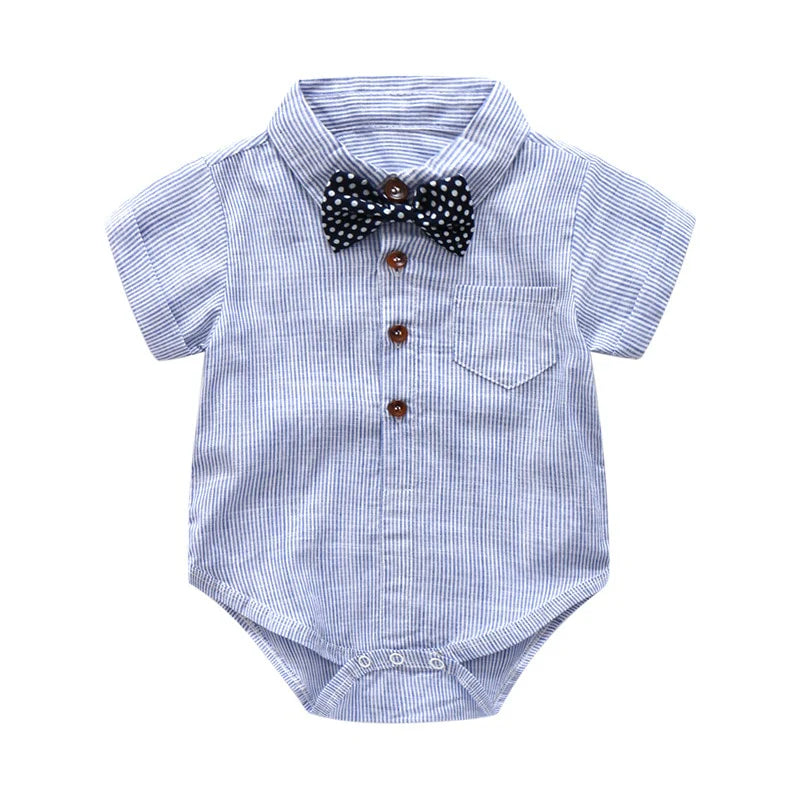 Baby Boy Bow Tie & Suspenders Formal Outfit (in 0-6 months, 6-9 months, 6-12 month &  12-18 months, 18-24 months) - romper