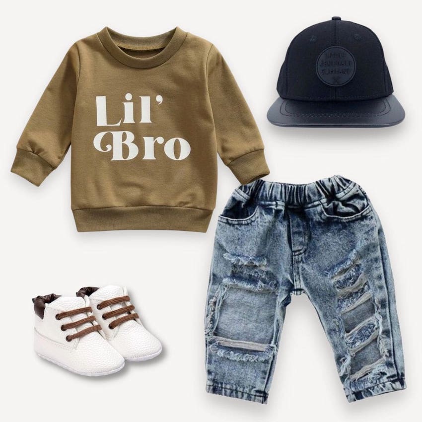 Baby boy outfit with Lil' Bro long sleeve pullover and jeans