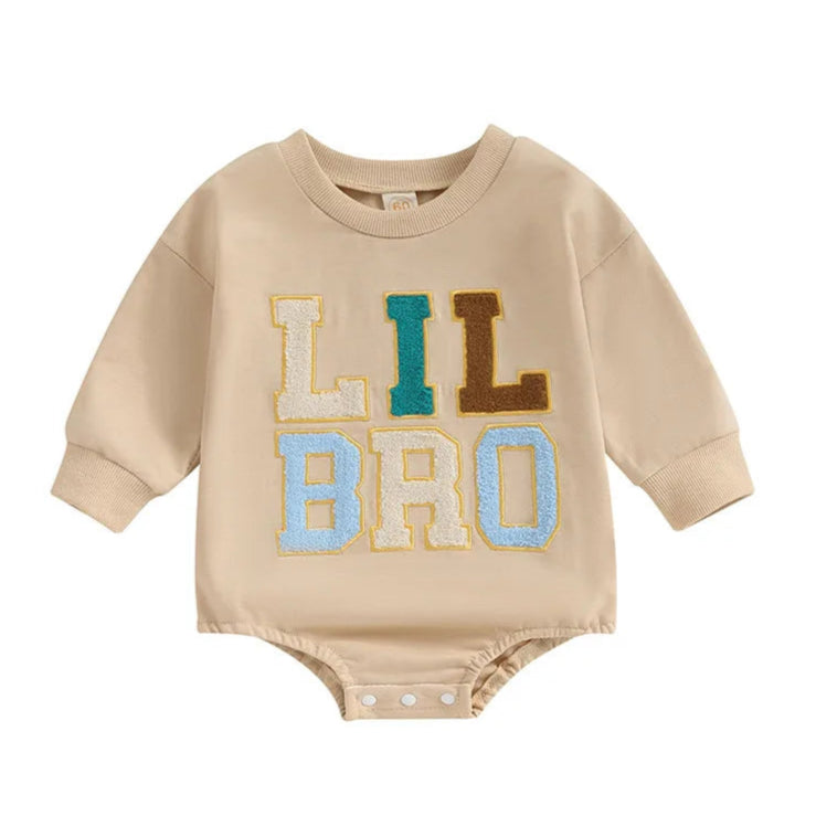 Lil Bro Long Sleeve Romper in soft beige with playful applique design for a cute sibling outfit.