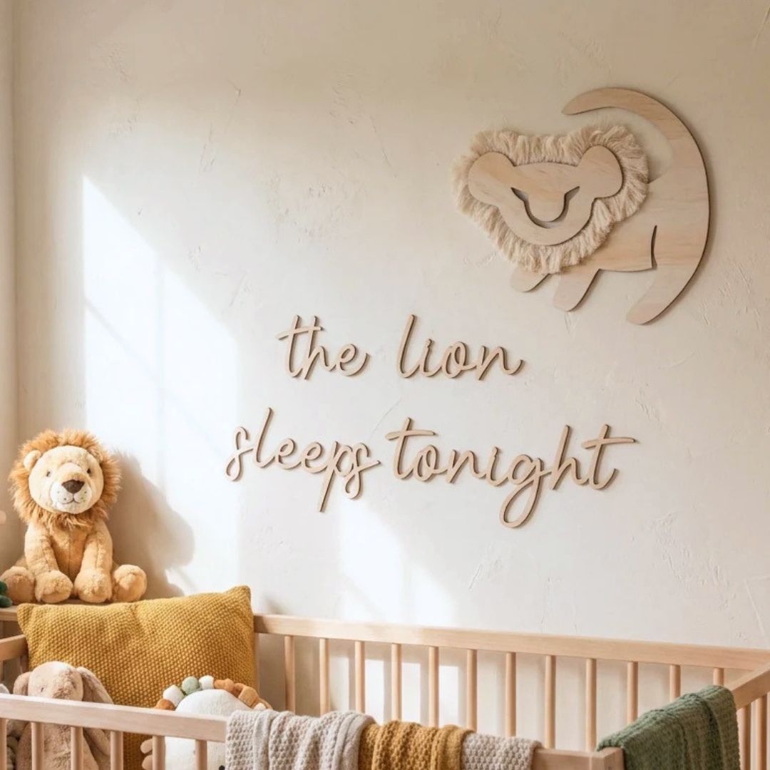 "the lion sleeps tonight" wooden wall sign with wooden lion cub decal