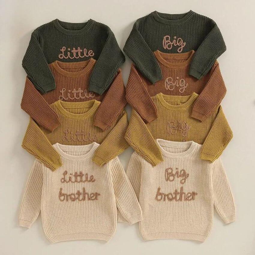 Little Brother & Big Brother matching sibling jumpers - in dark green, chocolate brown & beige