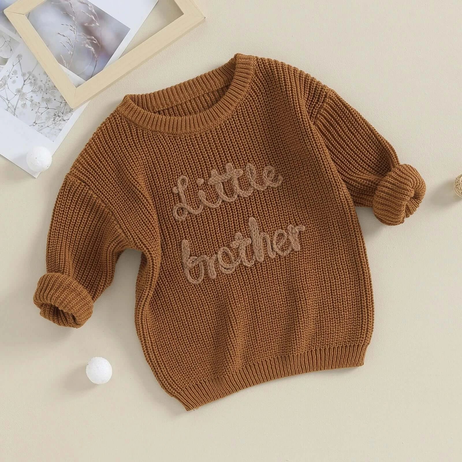 Little Brother Knit Jumper in brown styled flat lay