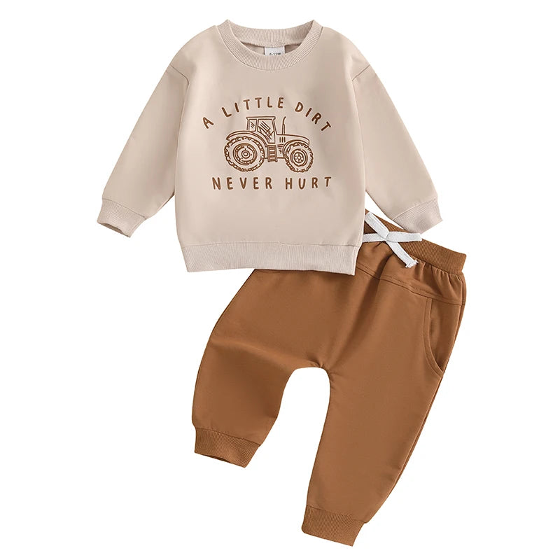 Baby boy outfit set with "A Little Dirt Never Hurt" long sleeve top in beige and mustard tracksuit pants