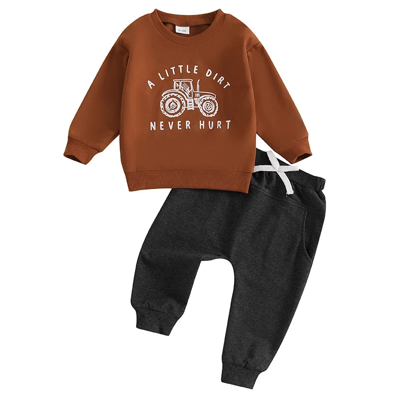 Baby boy outfit set with "A Little Dirt Never Hurt" long sleeve top in rust and charcoal tracksuit pants